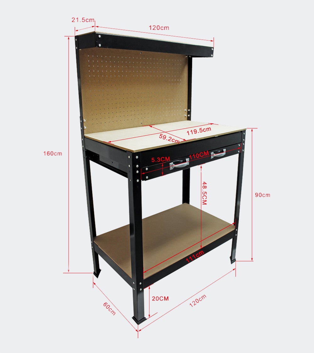 Établi d’atelier 1200 x 600 x 1600 mm avec paroi perforée étagère et tiroir pour rangement outils - 2