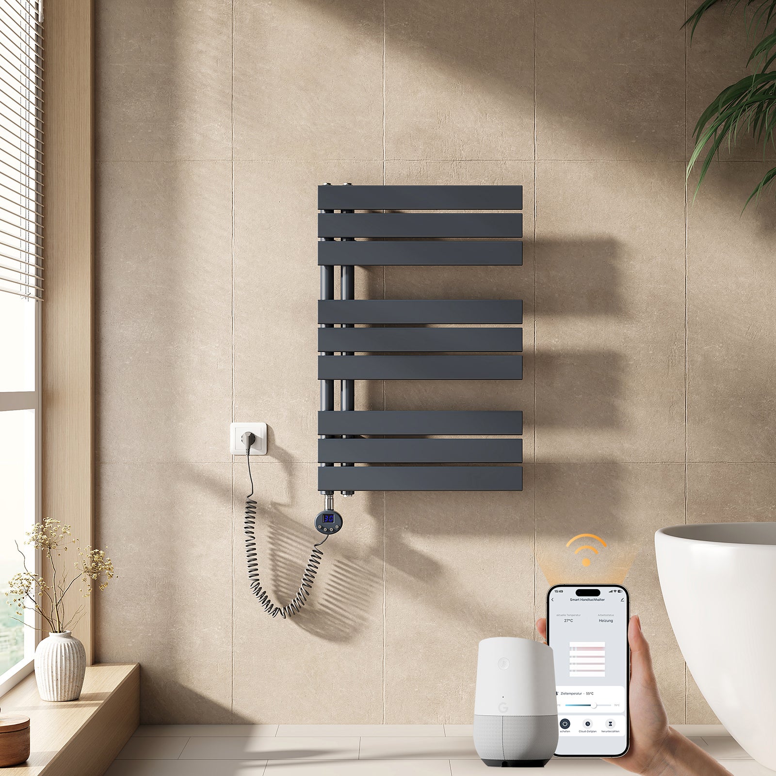 EMKE Grzejnik elektryczny łazienkowy 76x50cm - Inteligentne Sterowanie z Programatorem Tygodniowym w Aplikacji - 400W - Matowy Antracyt