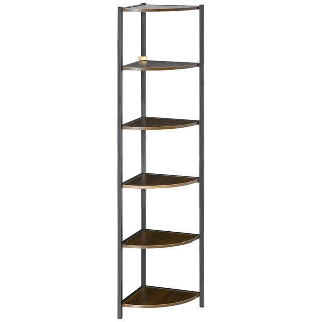 Étagère d'angle moderne à 6 niveaux, en métal et MDF, 34 x 34 x 166 cm, gain de place, marron/noir