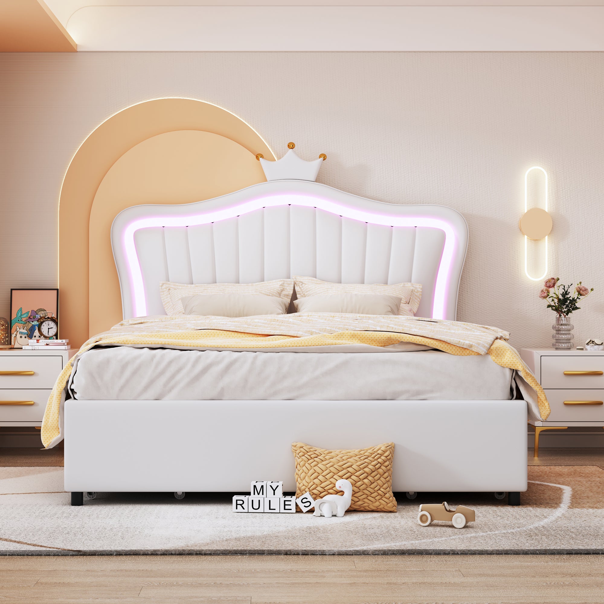 Łóżko dziecięce z imitacji skóry 140x200 cm - z diodami LED i 4 szufladami - z listwową podstawą - Biały