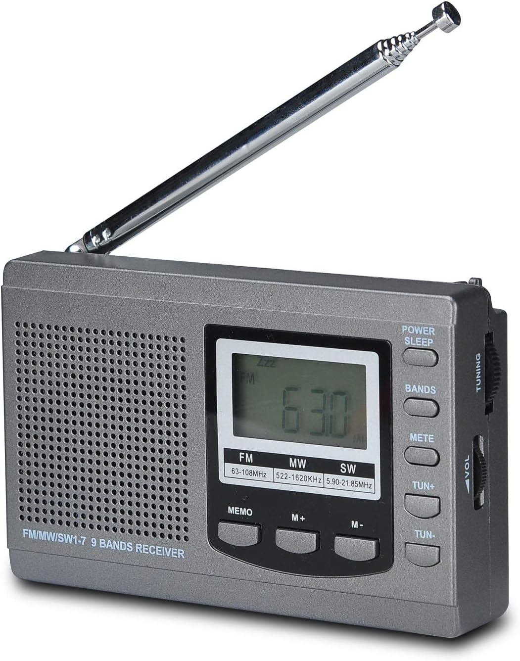 Radio AM/FM/SW z pełnopasmowym procesorem DSP, głośnik stereo, wyświetlacz LCD, budzik, timer, funkcja uśpienia, radio przenośne (szare)