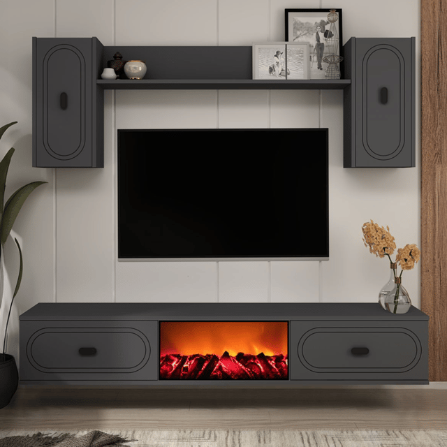 Ensemble meuble TV avec étagères murales et cheminée LED 150cm gris anthracite VIBRA
