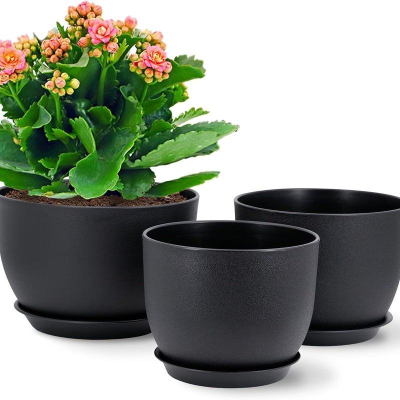 Zestaw 3 plastikowych doniczek na rośliny 18/16/14 cm, nowoczesne doniczki z otworami drenażowymi i wyjmowanym spodkiem, czarne