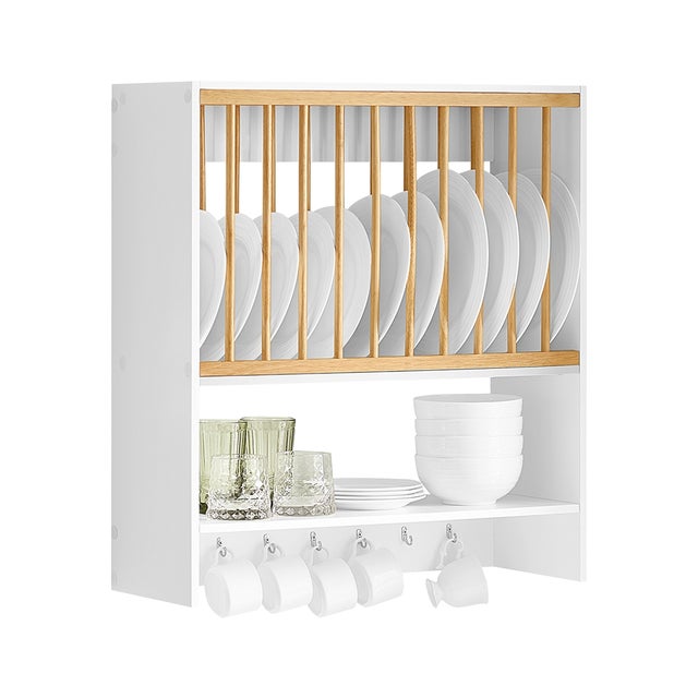 Escurreplatos Blanco de Pared Soporte para Platos Escurridor De Platos y Vasos con 1 Estante Adicional y 7 Ganchos 64 x 24 x 71 cm KCR09-W SoBuy ES