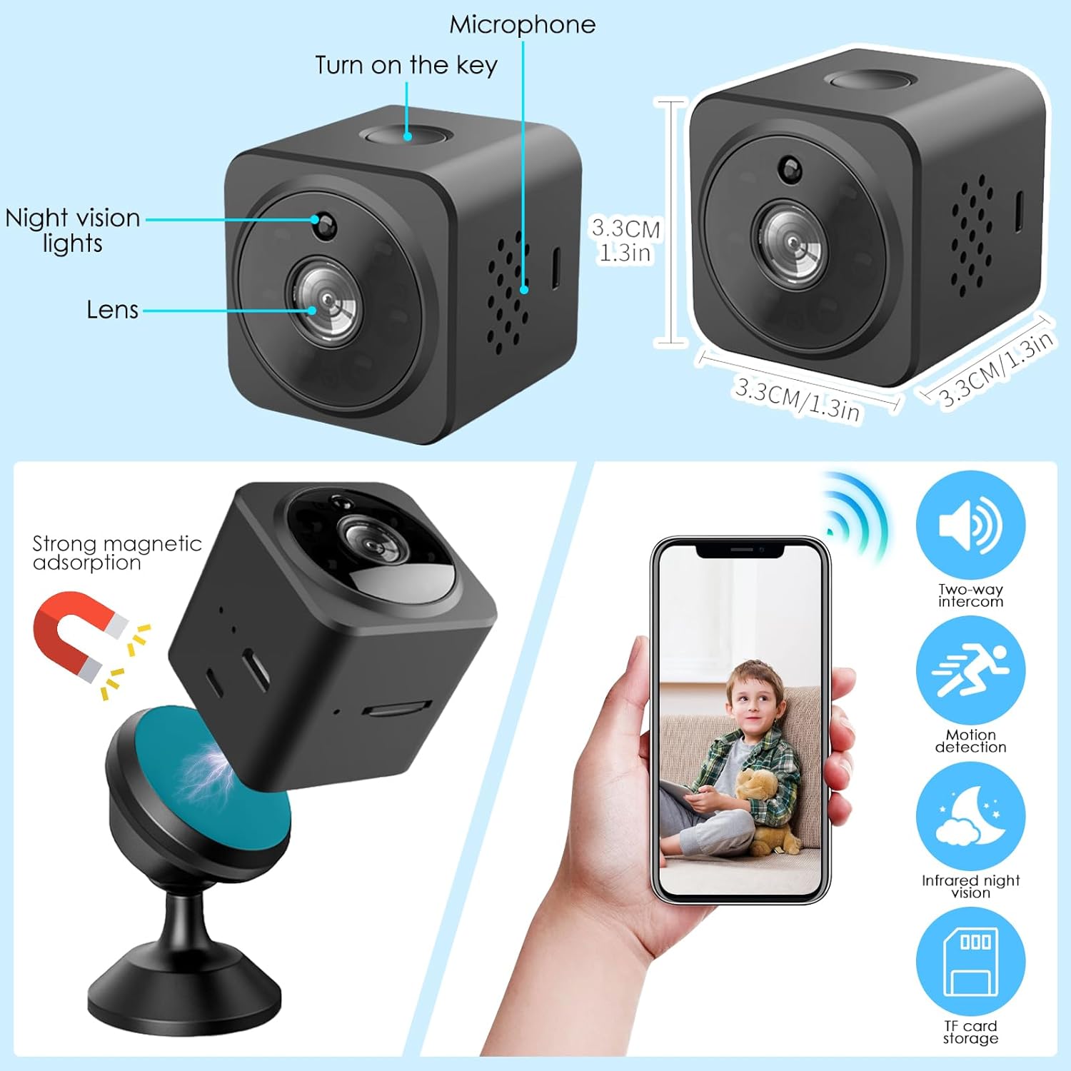 Mini Caméra Espion HD Sans Fil - Vision Nocturne, Détecteur Mouvement - Amzwn