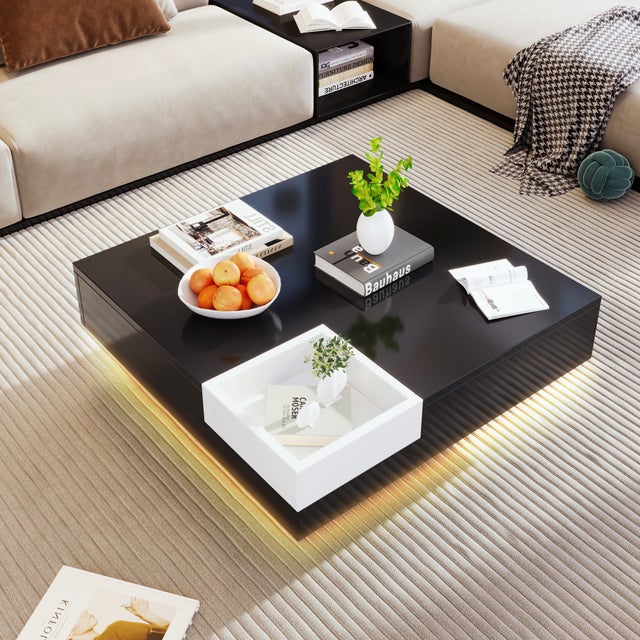 Stolik kawowy kwadratowy ze schowkiem - 72 x 72 x 30 cm - Diody LED - Płyta wiórowa - Czarny + biały