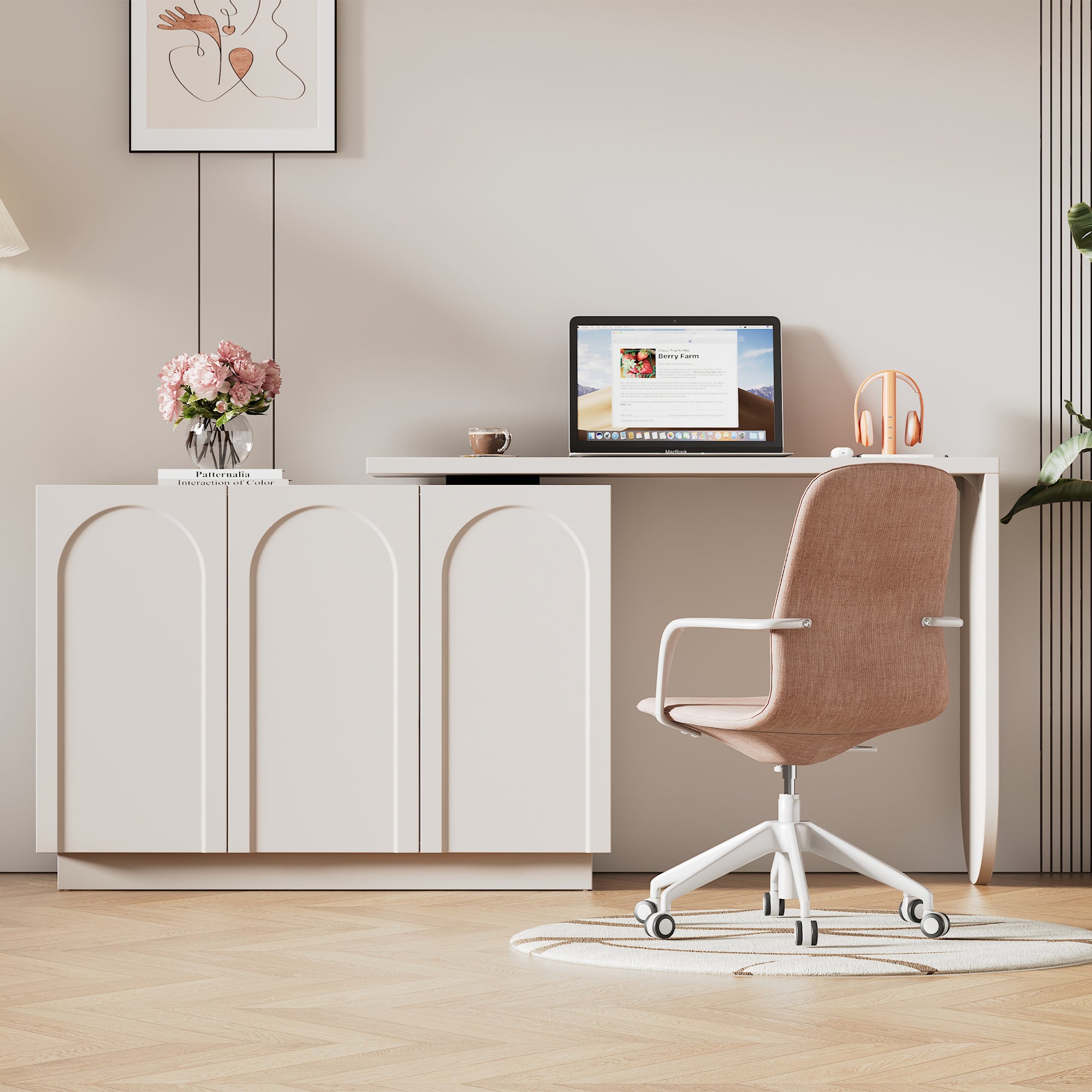 Bureau d'angle 110x40x75 cm, rotatif, pliable 360 degrés avec 3 portes, MDF blanc - 2