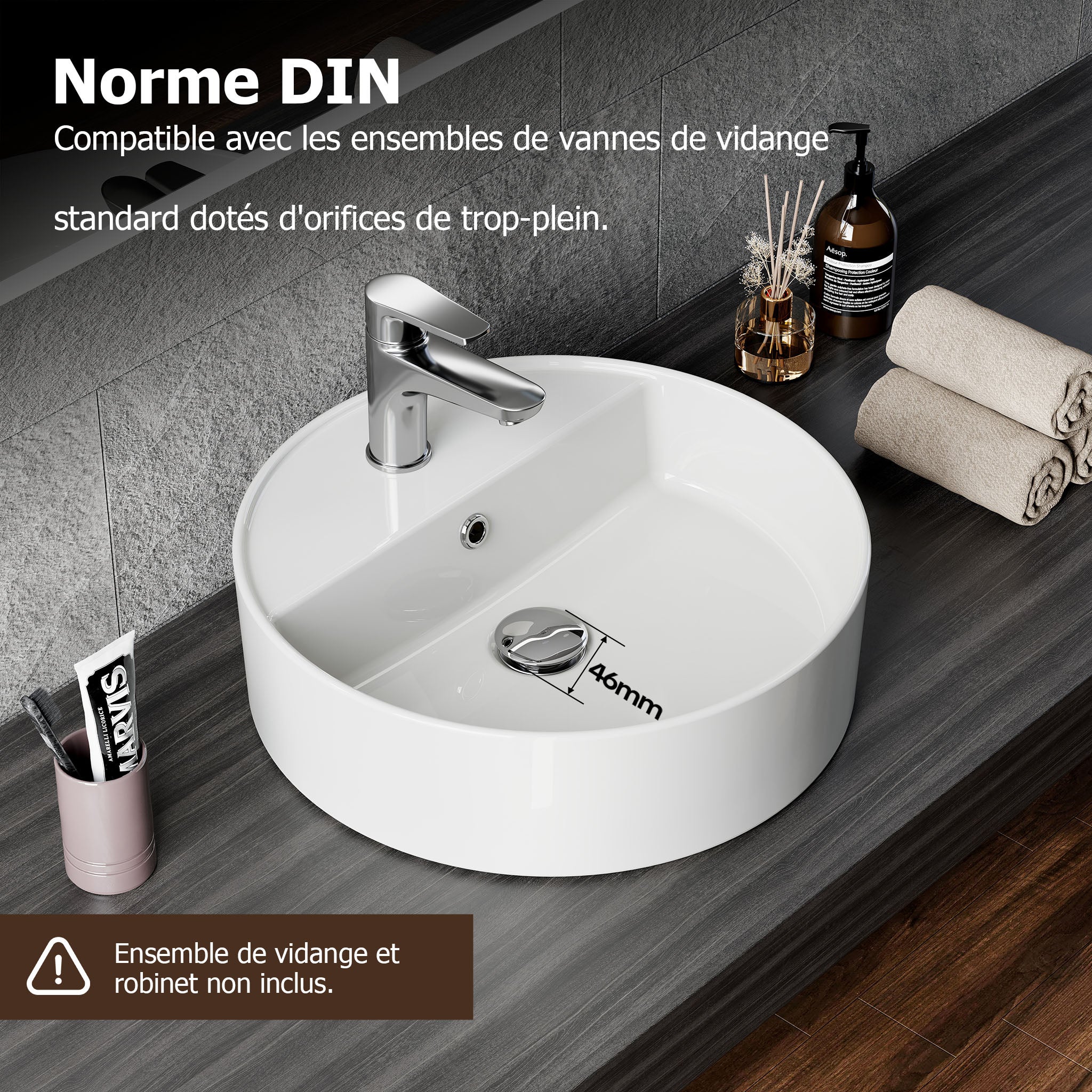 HOROW Vasque à poser, 42 cm Rond Lavabo à poser, blanc, Vasque lave mains avec trou pour robinet et trou de trop-plein - 2