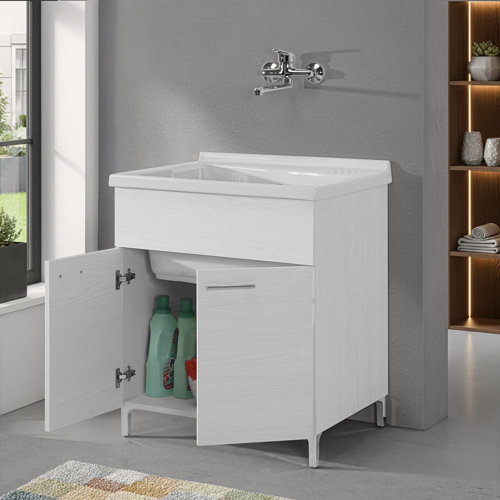 Mobile lavatoio 75x60cm bianco frassino con due ante e vasca in ceramica Revine - 2