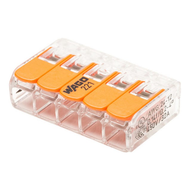 Connecteurs rapides WAGO S221, 5 entrées, 32A, 405V, transparent, CAGE CLAMP®, pour fils 0,14-4 mm², test visuel, sans outil