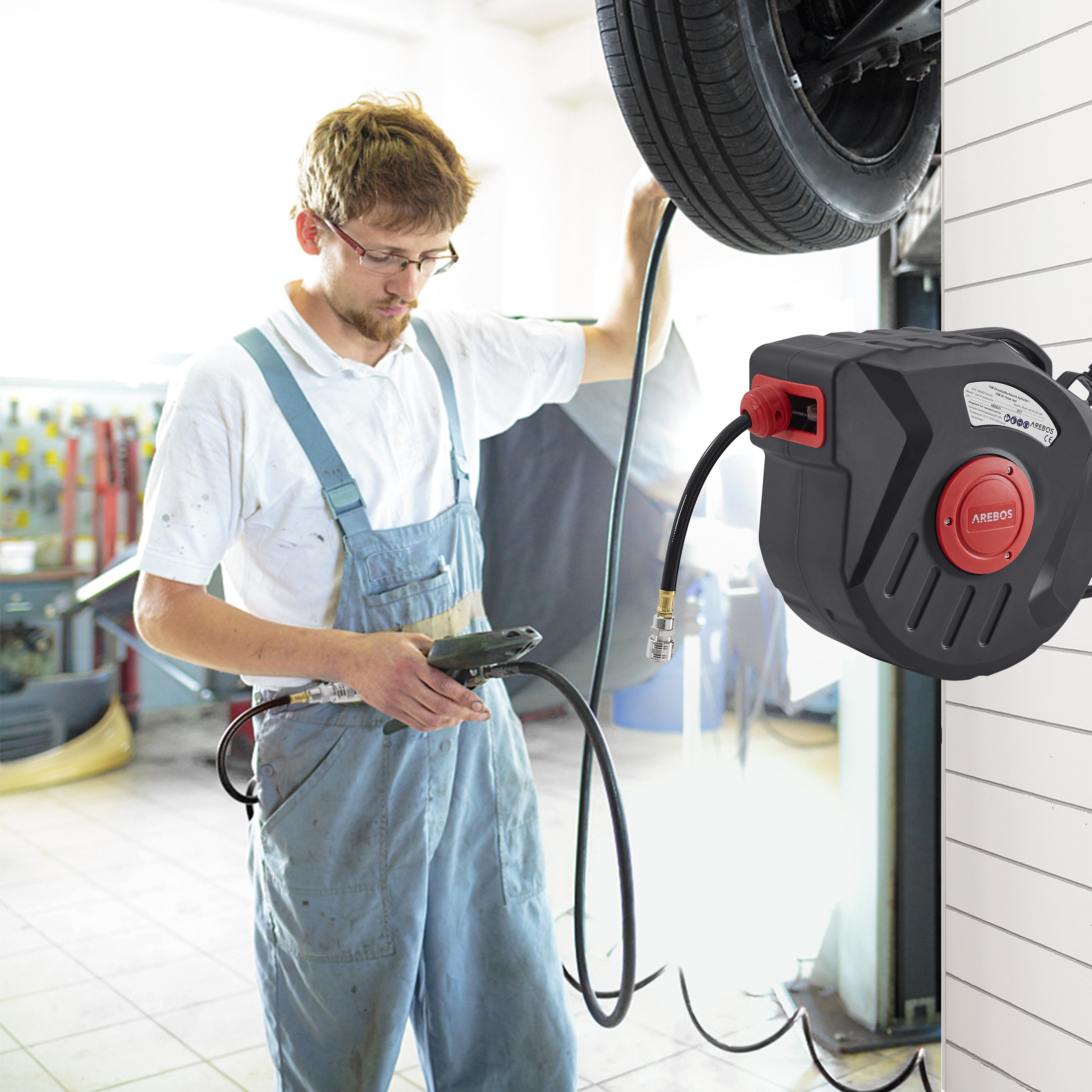 AREBOS Tuyau à air comprimé 20 m Support mural Raccord rapide 1-4