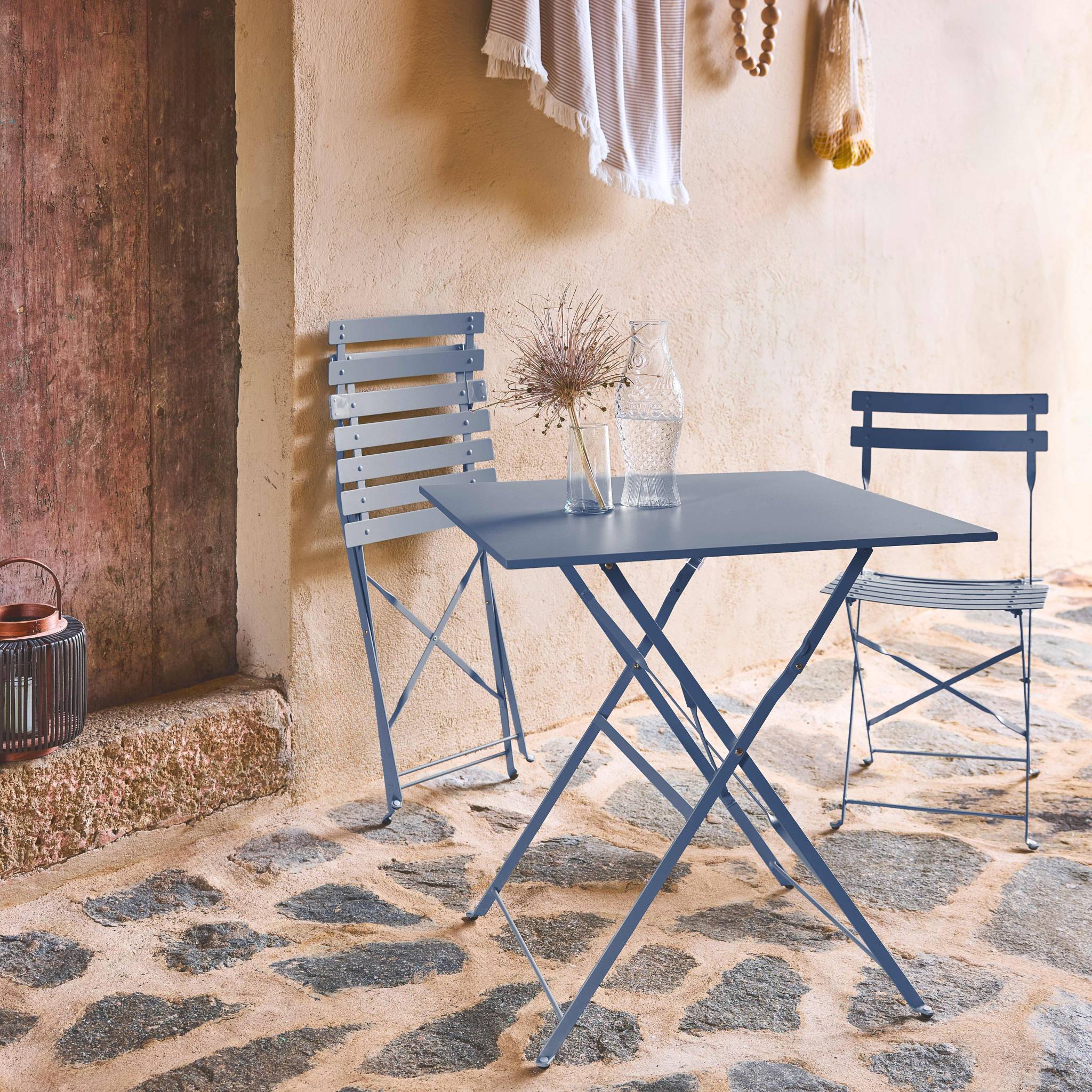 Table de jardin bistrot pliante métal + 2 assises bleu grisé 70 x 70cm. acier thermolaqué EMILIA - 3
