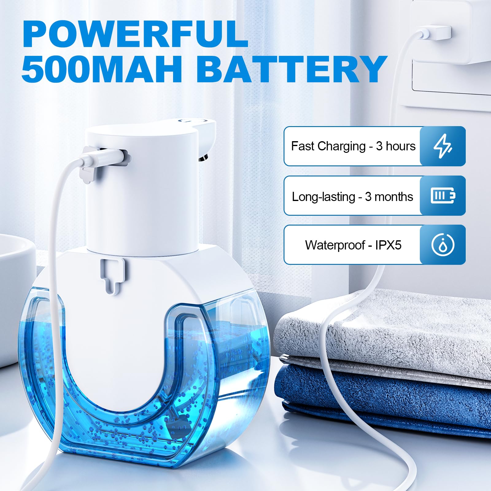 420 ML Distributeur de Savon Automatique,IPX5 étanche sans Contact Distributeur Savon Mousse avec Capteur Infrarouge, Rechargeable par USB - 6