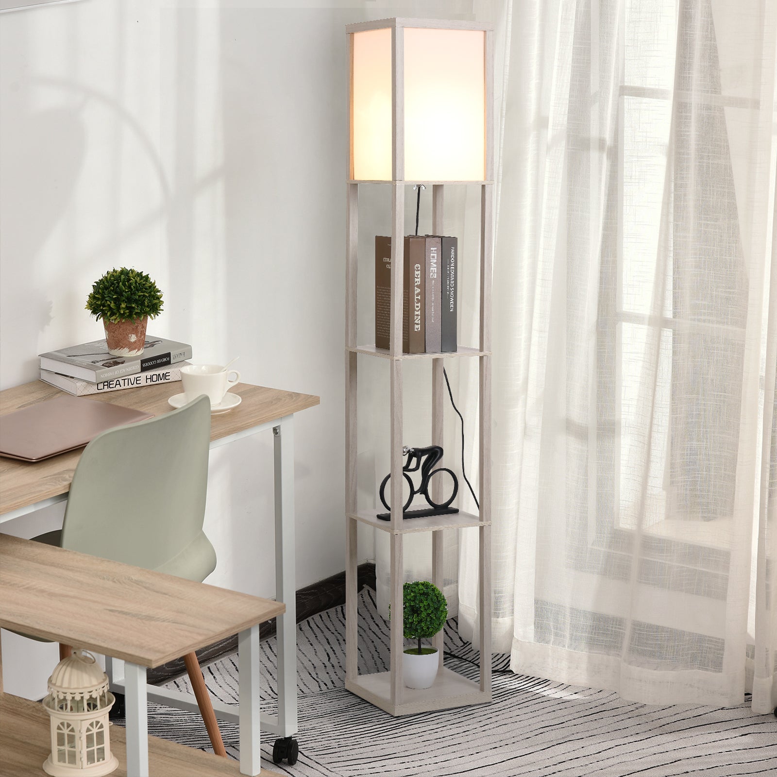 Homcom Lámpara De Pie Con Estantes Roble 26X26x160 Cm Blanco , Leroy Merlin