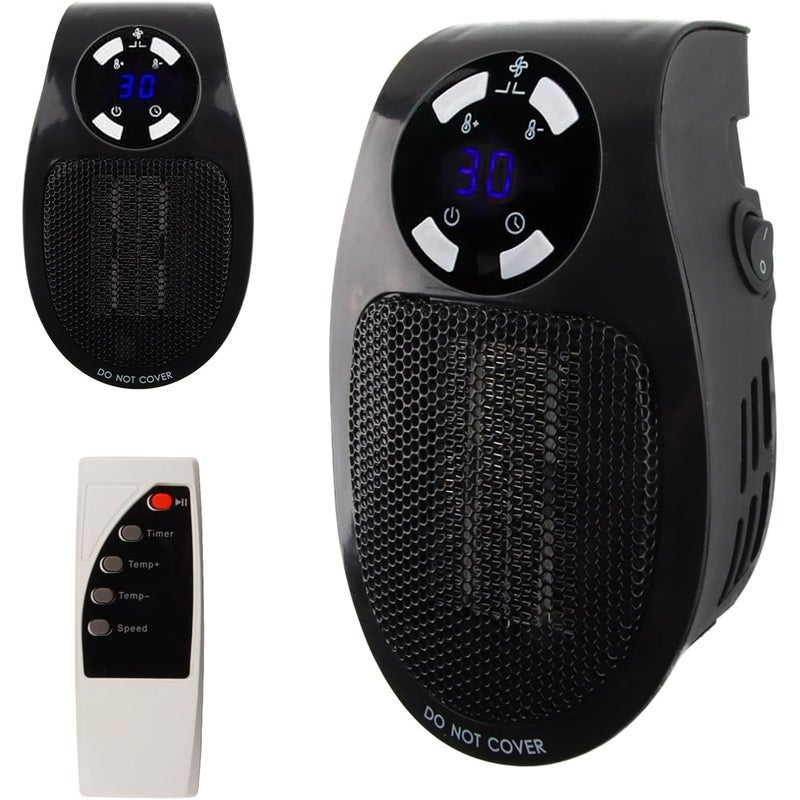 Miniaturowy grzejnik elektryczny ścienny z pilotem, 500W, dwie prędkości, termostat i timer, czarny