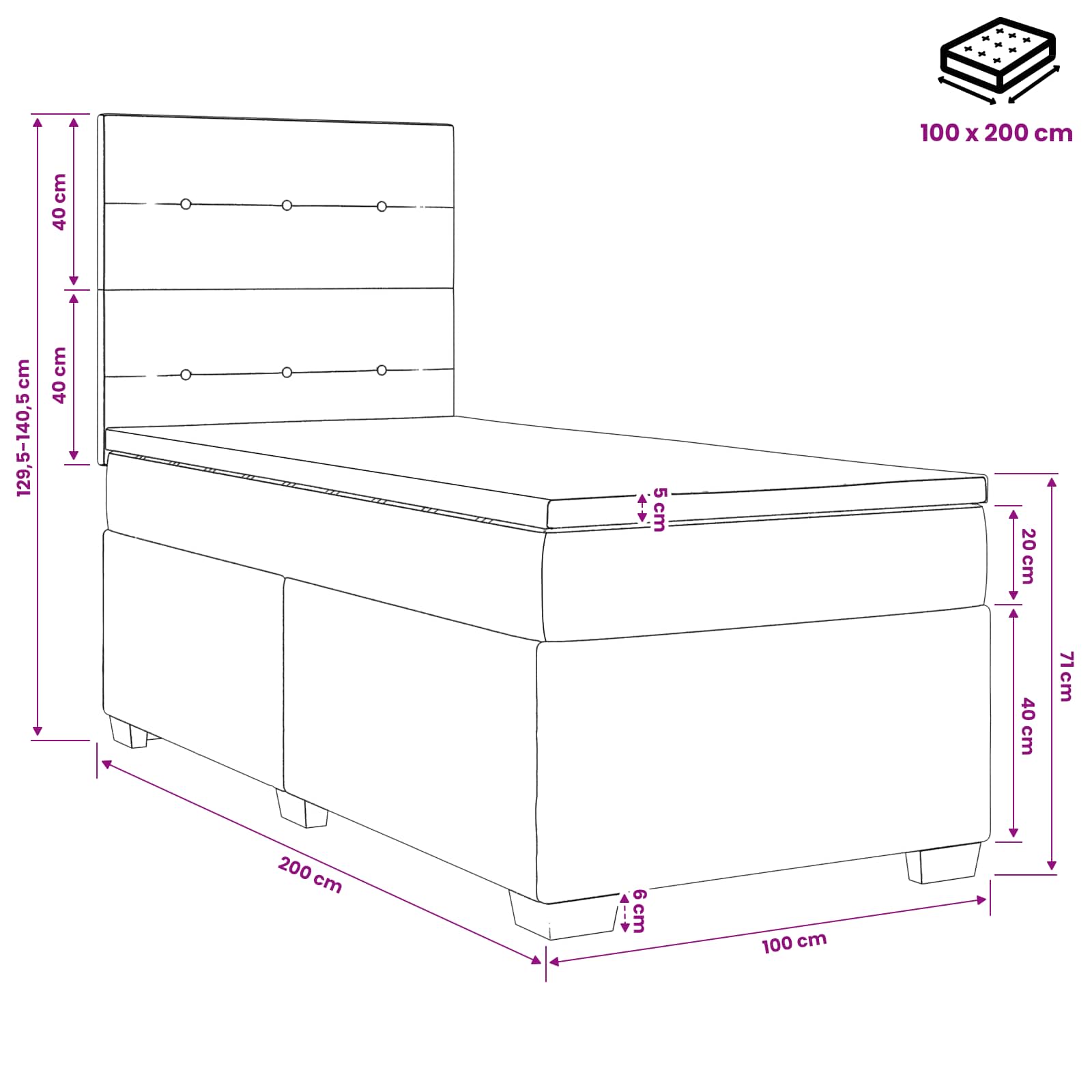 Cama box spring con colchón Negro 100 x 200 cm Terciopelo | Leroy Merlin