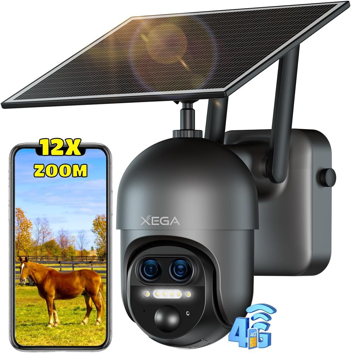 Bezprzewodowa kamera nadzoru Xega 4G LTE z hybrydowym zoomem 12x, kamera PTZ 2K z podwójnym obiektywem, bateria 10400mAh, detekcja człowieka AI/PIR