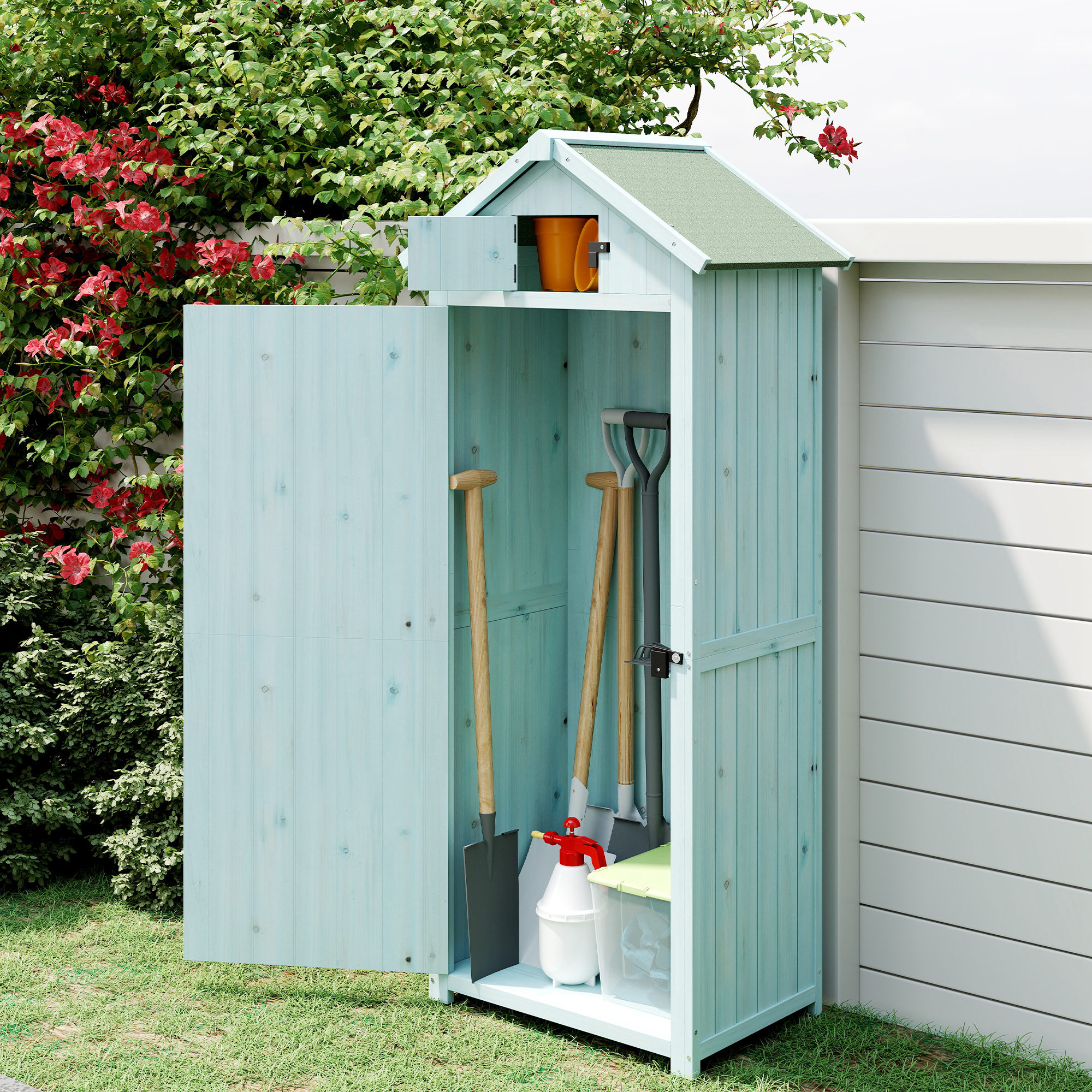 Outsunny Casetta da Giardino Porta Attrezzi in Legno con 3 Ripiani, 77x54.2x179cm, Blu - 9
