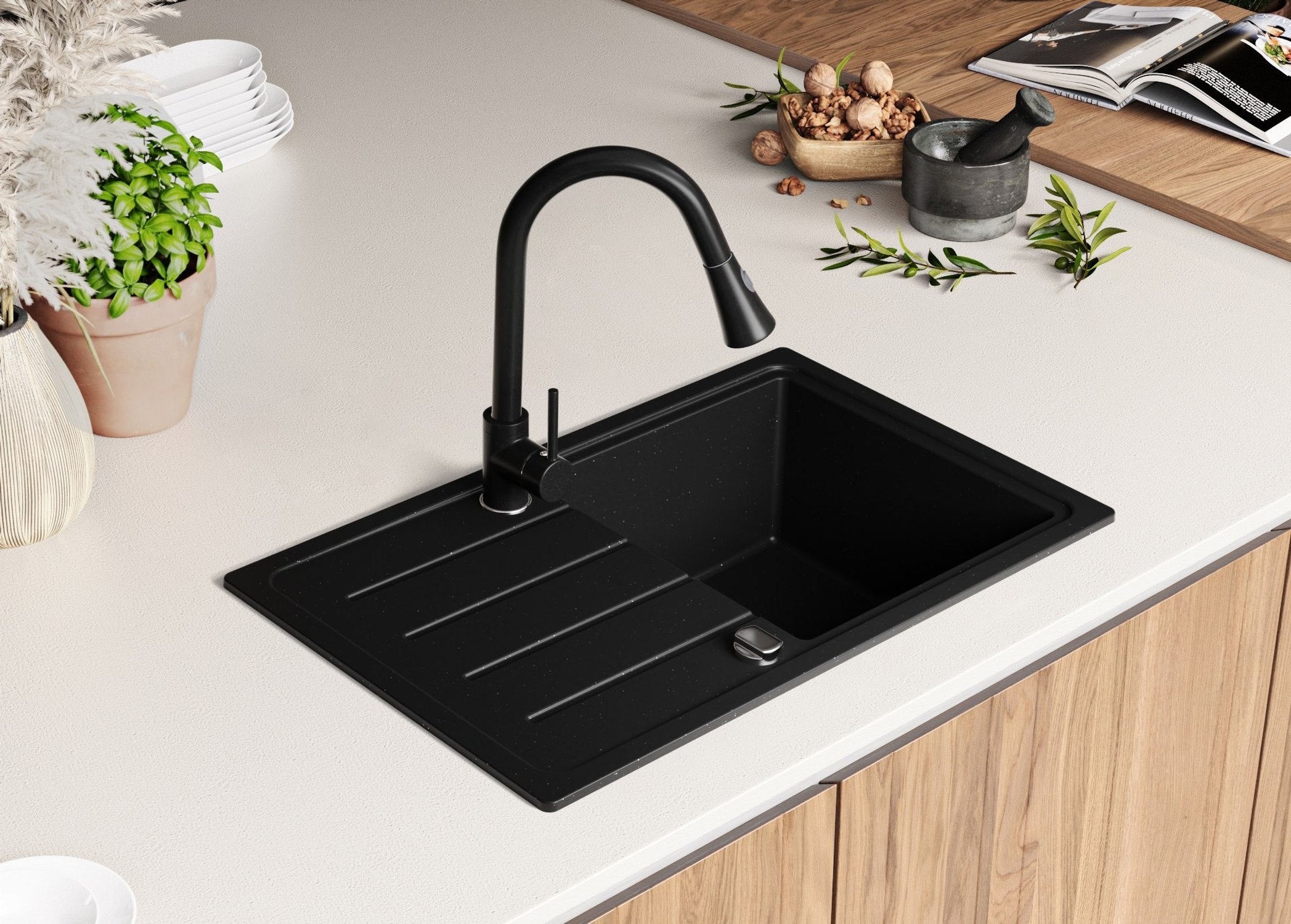 Evier Cuisine en Granit Noir Métallisé 70x44cm, Lavabo 1 bac + Kit de Vidage, Évier à Encastrer au meuble 45cm - Copenhague Easy PRIMAGRAN - 4