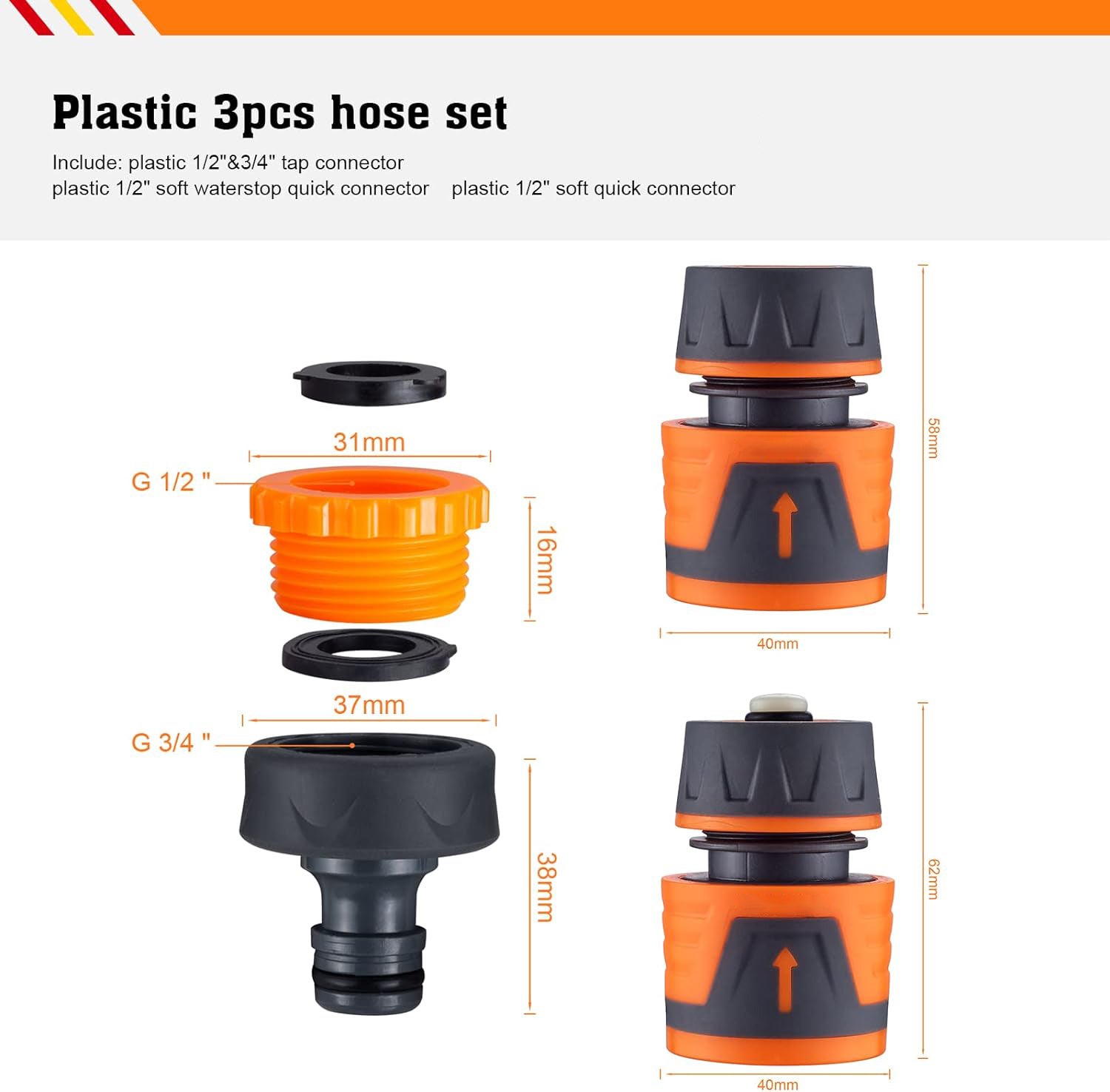 Set Connettori Per Tubo Giardino - Kit Completo Con Waterstop, Adattatore Rubinetto E Doppio Maschio - Ricambi Inclusi - 3