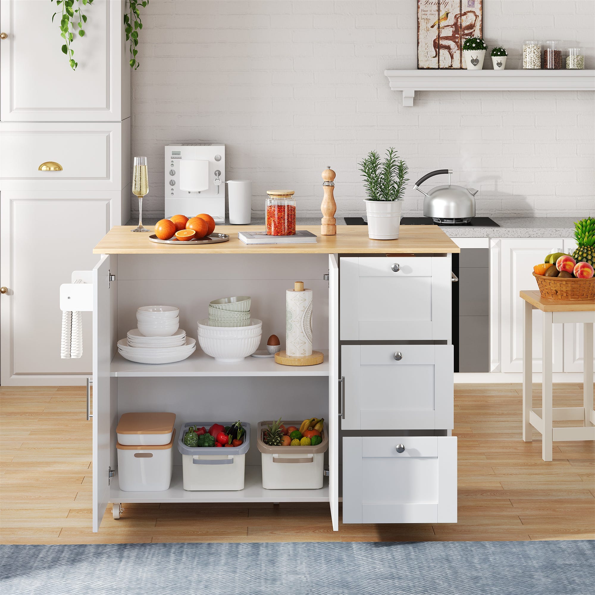 Isla De Cocina POMARELA Con 6 Cajones Y 4 Estantes – Color Natural Claro Y Blanco, Ideal Para Almacenar