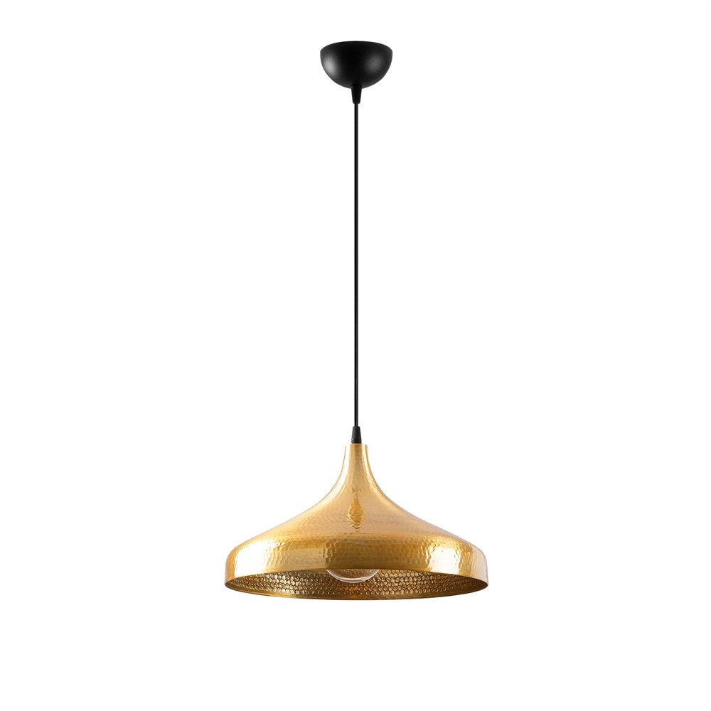 Elegancka lampa wisząca Asney w stylu vintage ze złotym kloszem i ozdobnymi wytłoczonymi okręgami ø36 cm