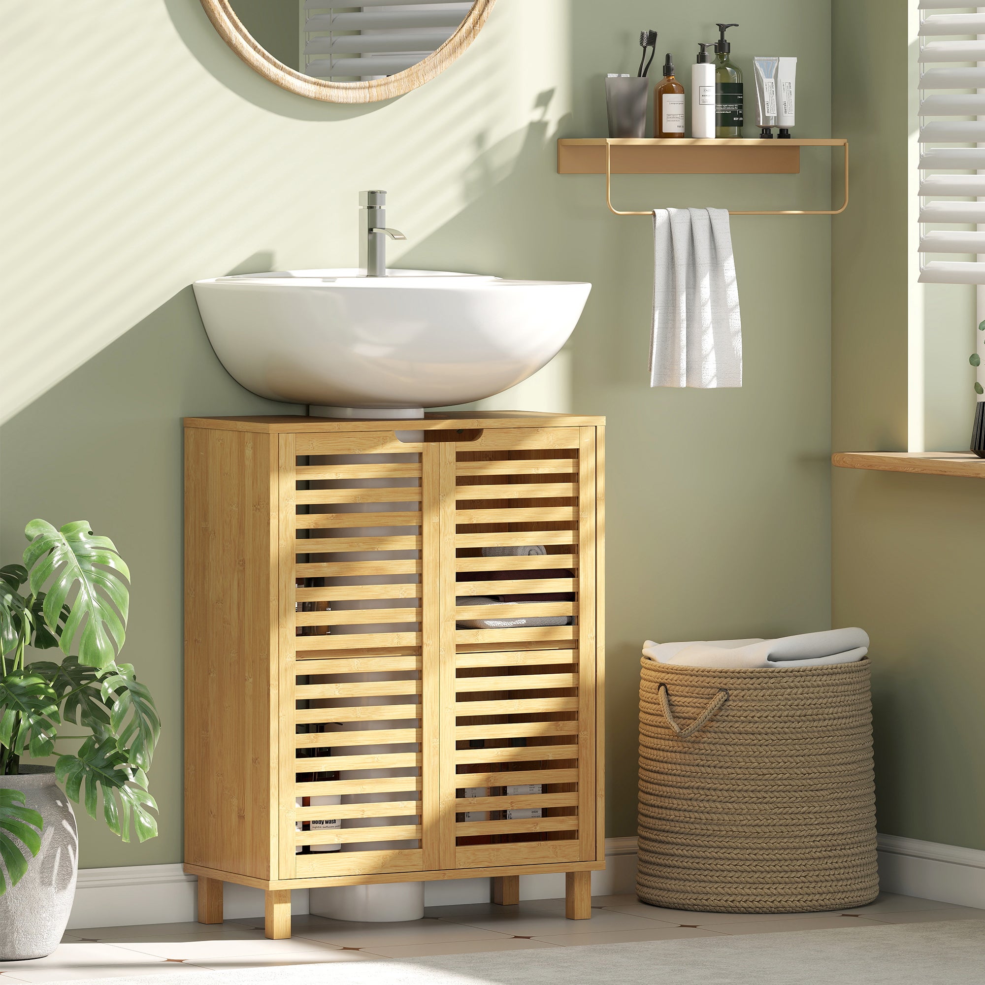 Meuble Sous Lavabo Bambou HOMCOM 60x30x60 Cm - Étages Réglables, Portes à Lattes, Anti-humidité