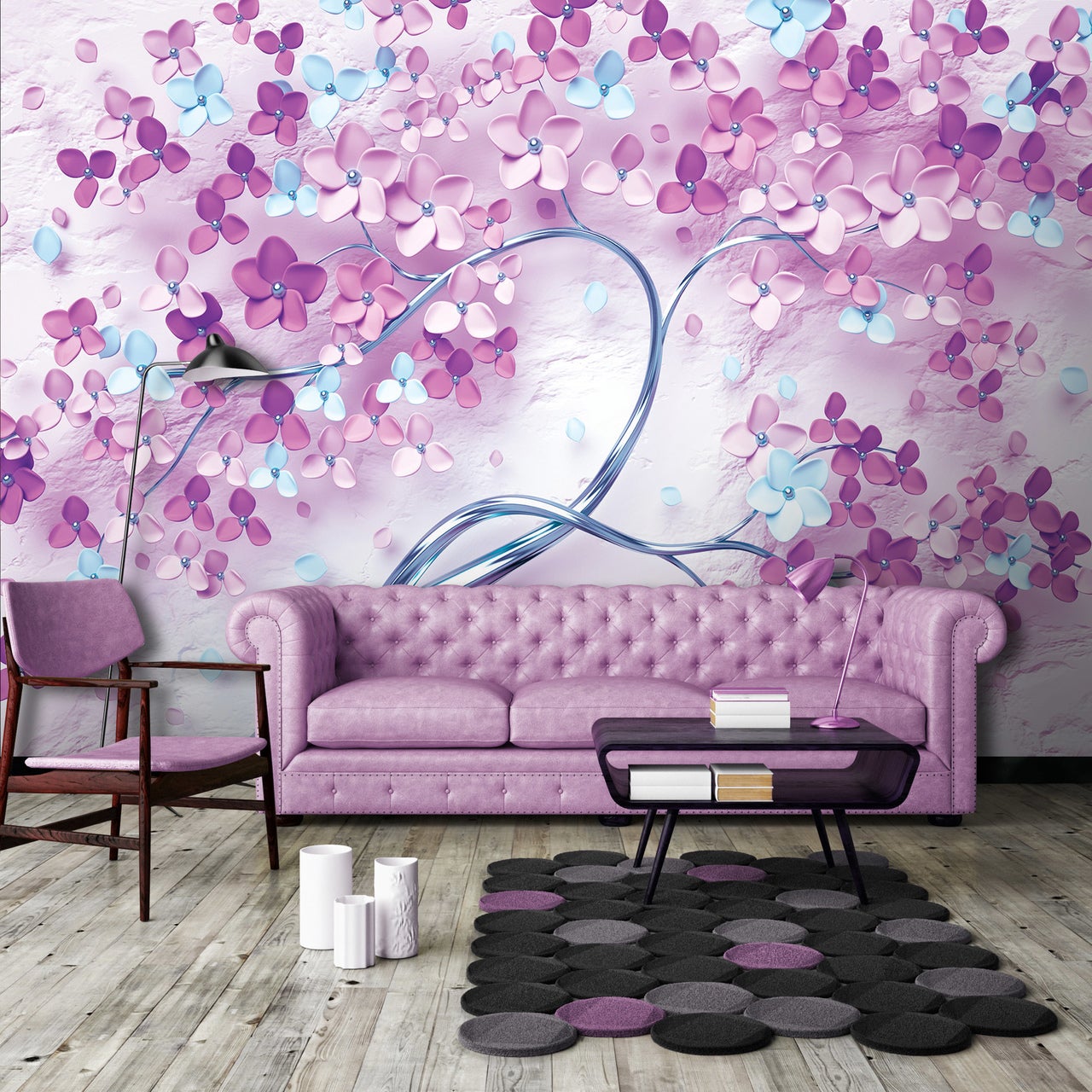 Carta Da Parati Fiori TNT 400x280cm - Design Rose Viola E Verde, 8 Strisce, Facile Applicazione