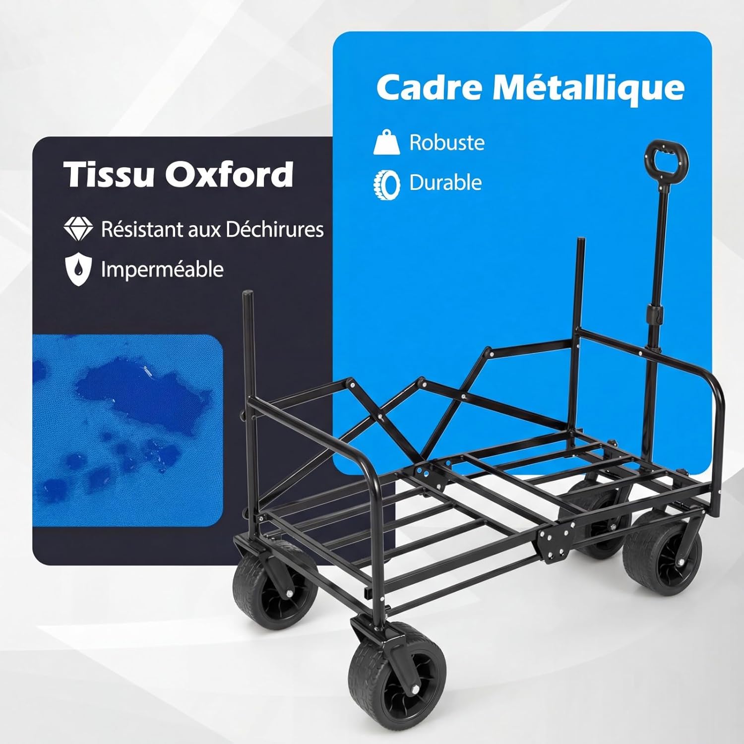 GIANTEX Chariot de Plage Pliable Banc 2-en-1, Chariot de Transport 85 L,Poignée Ajustable Poussée/tirée Coussins Doux et Roues Tout-Terrain,Bleu - 2