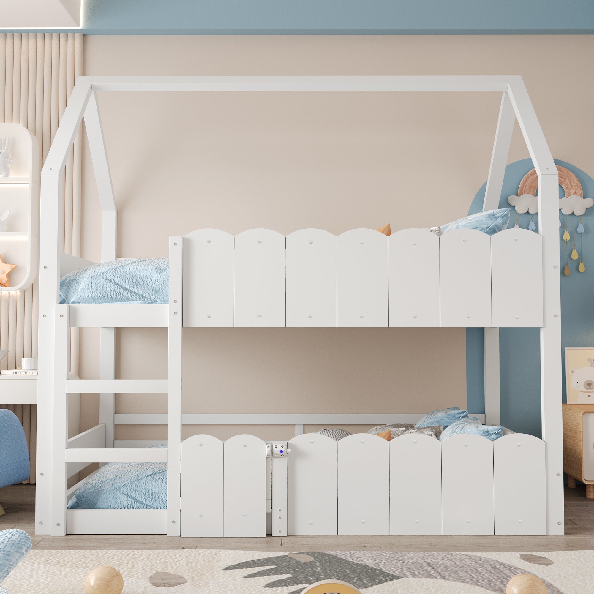 Łóżka piętrowe 2 x 90 x 200 cm z małymi drzwiczkami i barierkami zabezpieczającymi - Drewno + Sklejka + MDF - Białe (bez materaca)