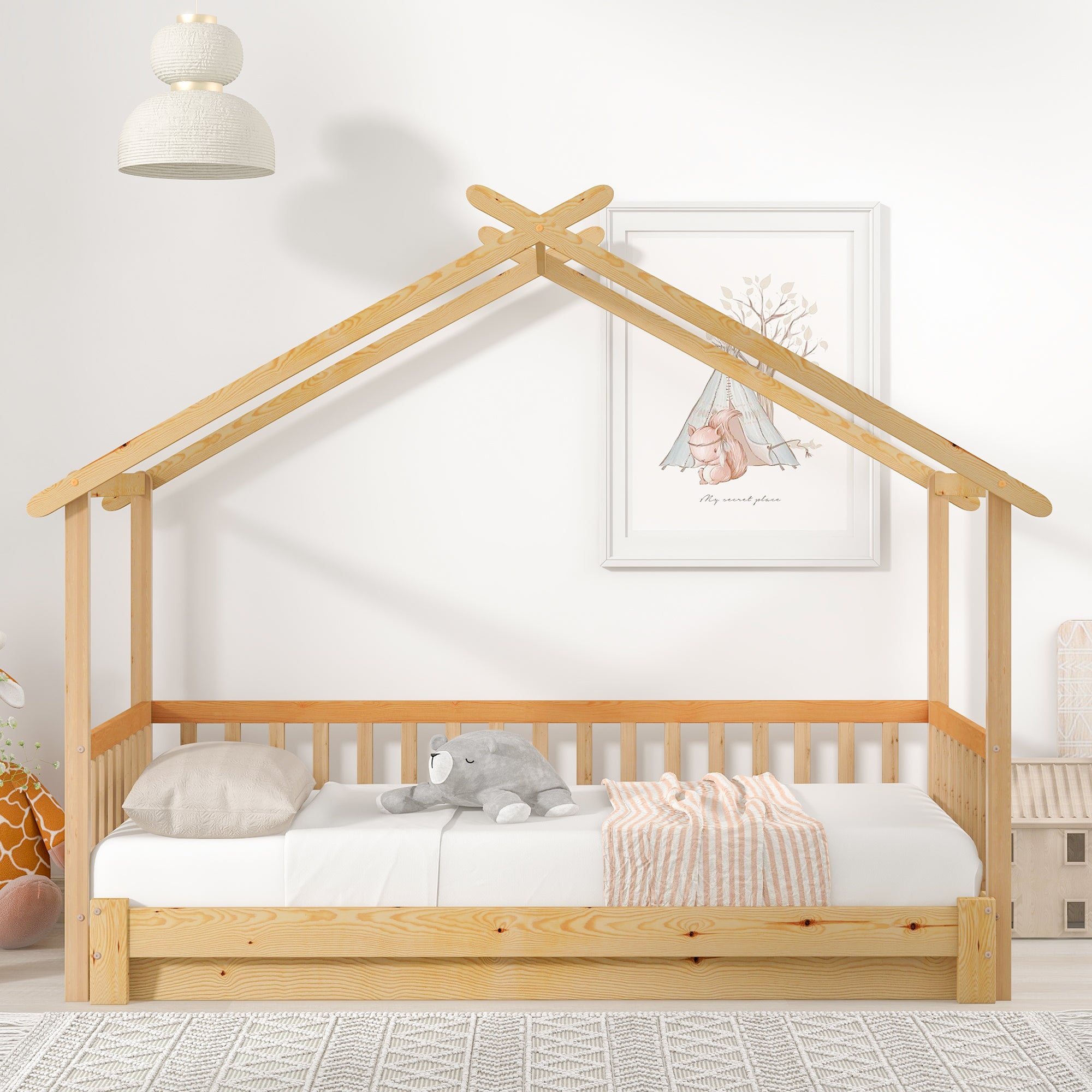 Łóżko Treehouse i wysuwane łóżko dziecięce - 200 X 90 cm - Czyste lite drewno - Naturalne
