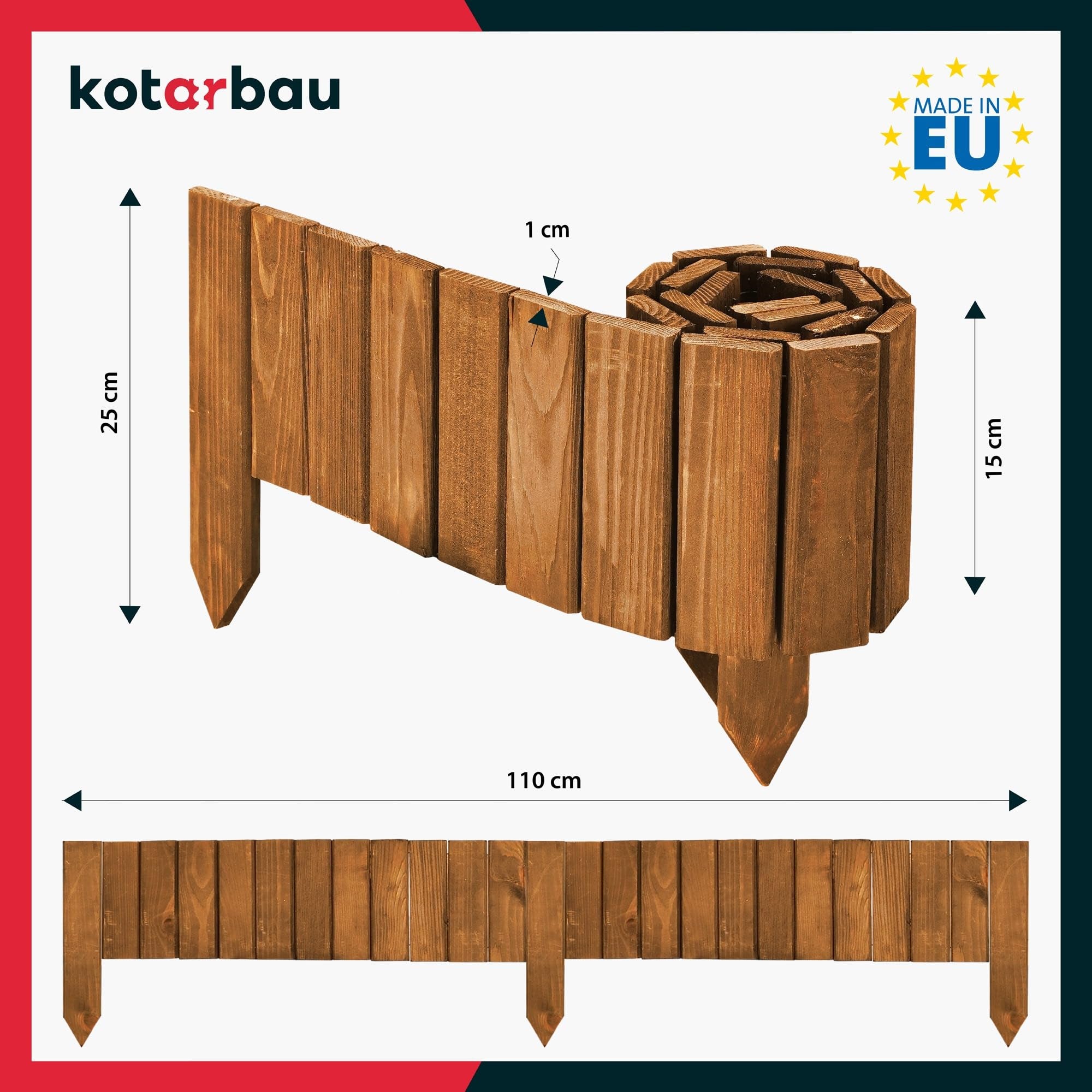Mini Clôture Bois de Jardin Couleur Chêne 15x110 cm - Bordure de Pelouse - Palissade en Bois Anti-Rongeurs - Barrière Bois Jardin - KOTARBAU - 3