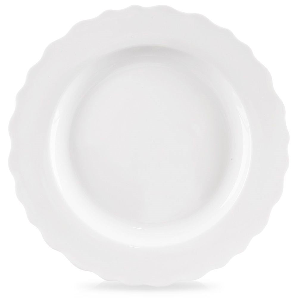 Talerz obiadowy z białej porcelany z falistym brzegiem, można myć w zmywarce