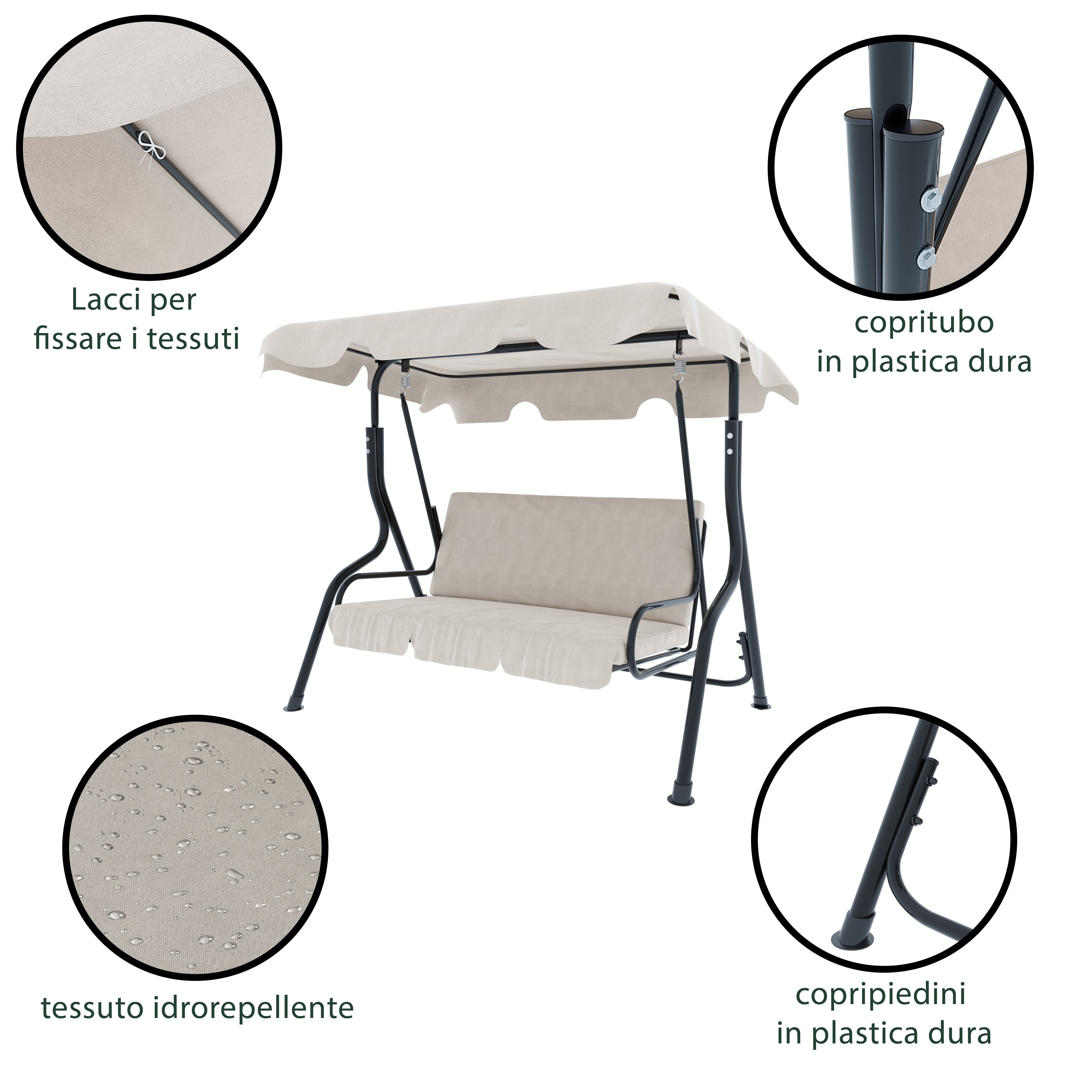 Dondolo 3 Posti Algarve Con Tettuccio Parasole Regolabile Cuscini Imbottiti Struttura Robusta In Acciaio Verniciato Da Giardino 170x110x153 cm Beige - 3