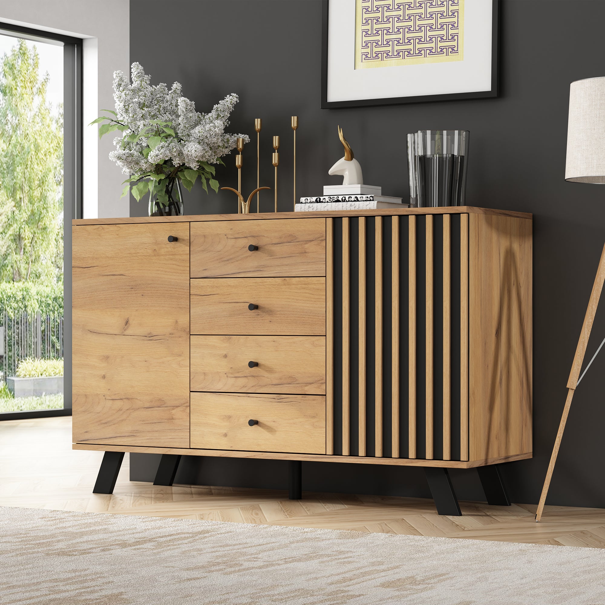 Buffet avec 2 portes et 4 tiroirs - 120 x 38 x 75 cm - MDF + pieds en bois massif - Noir + Naturel - 6