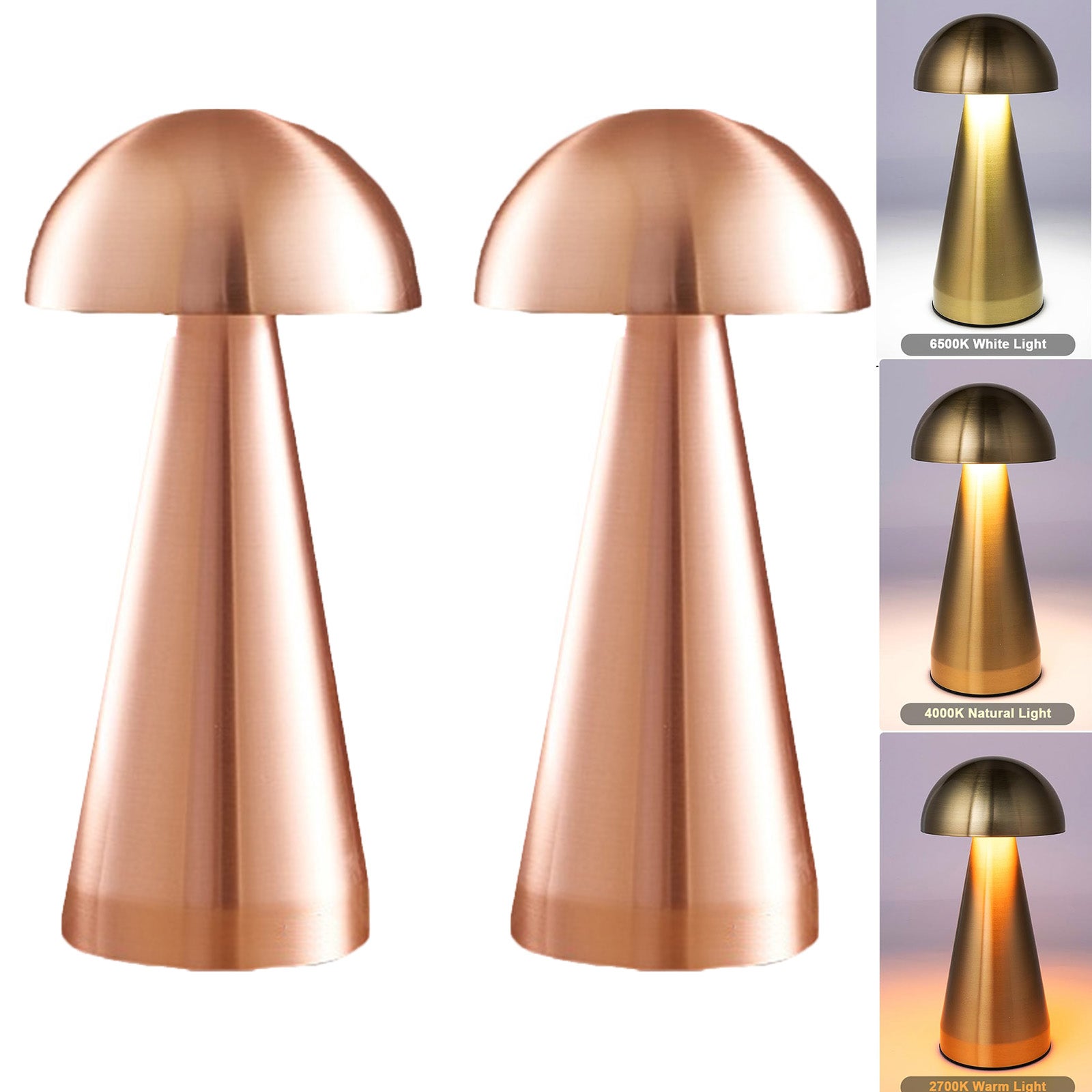 2-częściowa, ściemnialna lampa stołowa w kształcie grzybka, ładowana przez USB, LED, 3 temperatury barwowe i płynna regulacja jasności (miedziana)
