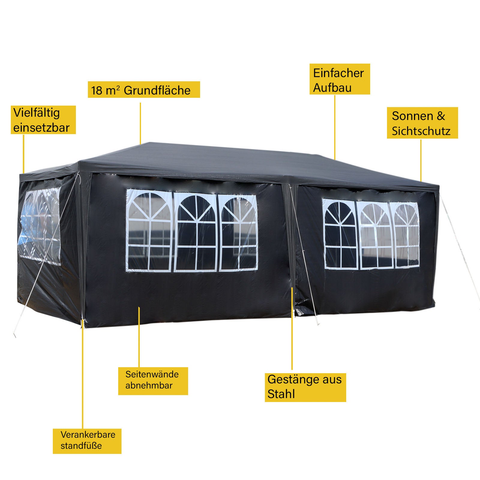 Wiltec Carpa de jardín 3 x 6 m gris con protección UV 50+, gazebo con laterales enrollables, pabellón para fiestas con ventanas, ideal para terraza... - 5