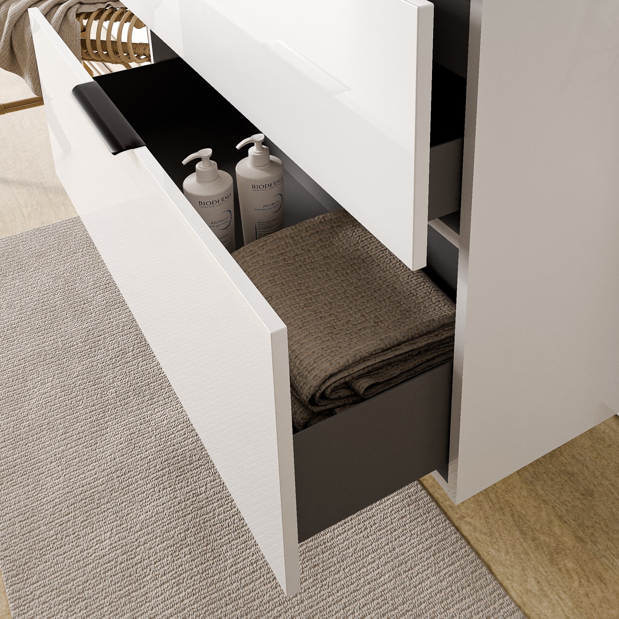 BERNSTEIN - Meuble sous vasque suspendu MDF Blanc brillant 80x46x62cm, Plan lavabo Blanc mat + poignée Noir mat - TIM80 - 4