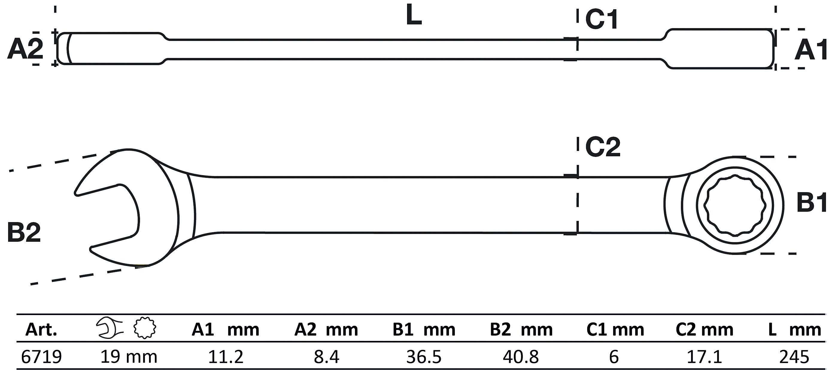 Clé mixte à cliquet | à couder | 19 mm - 2
