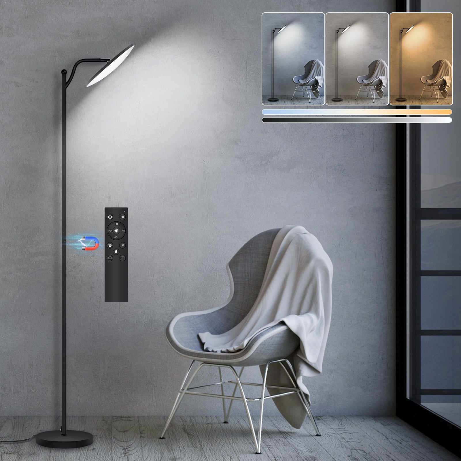 LOVHAUS Lampa podłogowa z funkcją ściemniania, 10%-100% regulacji jasności LED z pilotem, 32 W, lampa do czytania do domu i biura