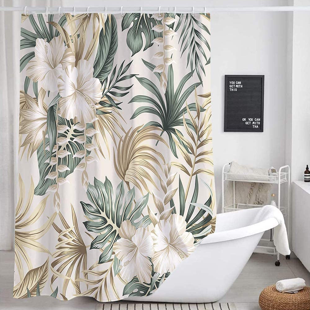 Zasłona prysznicowa z motywem tropikalnych liści, motyw kwiatowy Monstera vintage, poliester, z haczykami, można prać w pralce, 90 x 180 cm