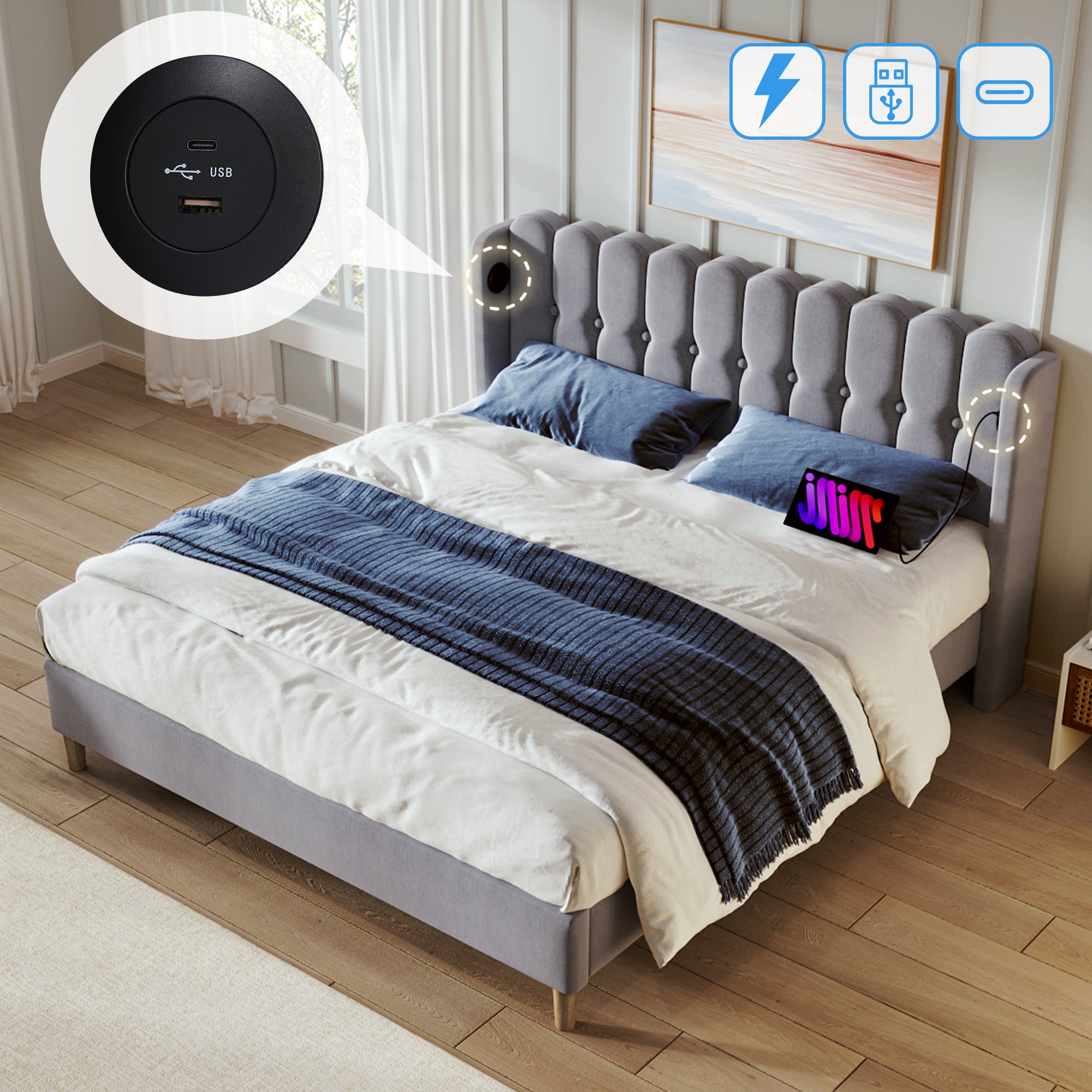 Lit double Lit rembourré 160 x 200 cm avec chargement USB Type C et sommier à lattes, lin, gris, matelas inclus - 5