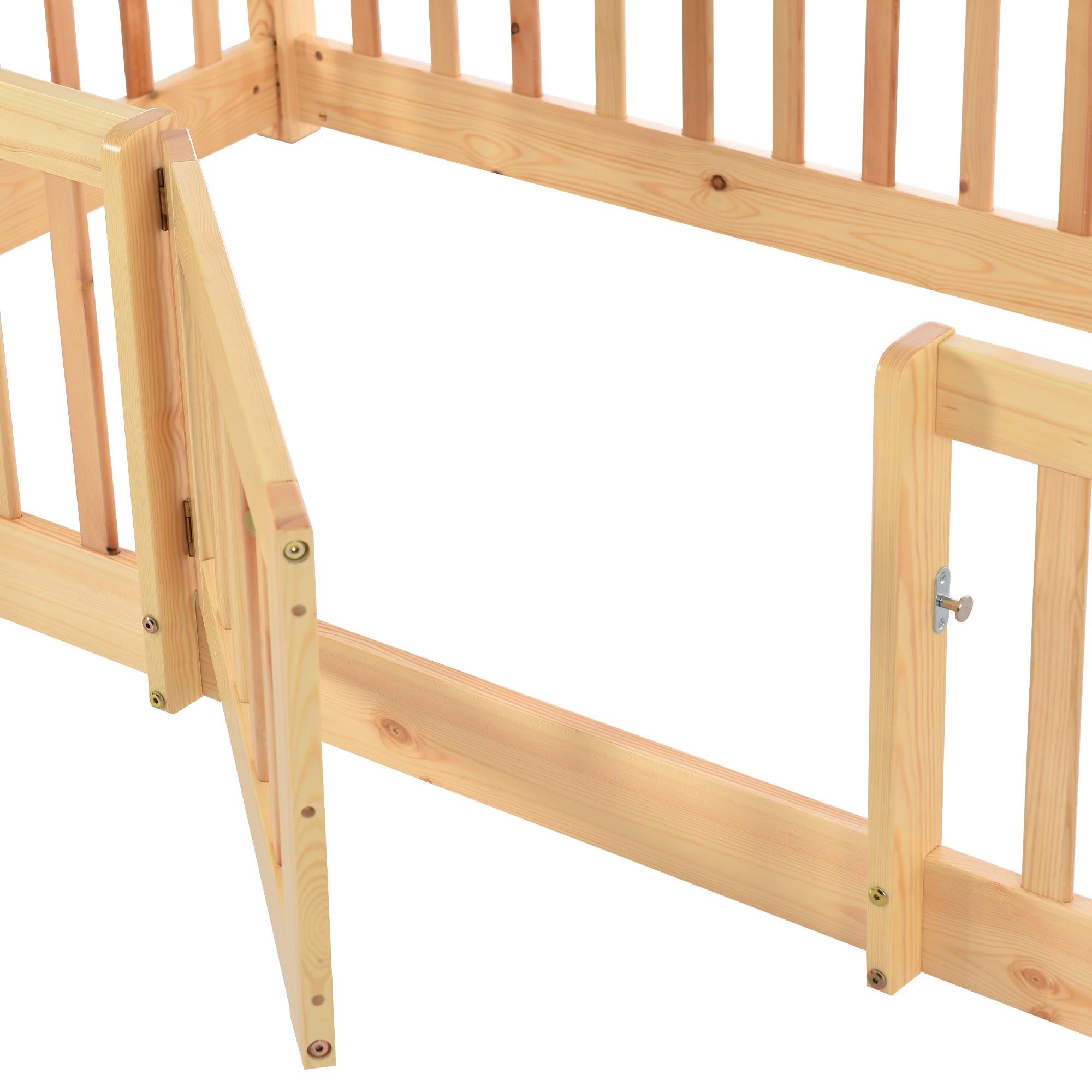Lit superposé avec escalier droit, lit avec barrières et petite porte, lit bébé avec protection anti-chute et barreaux, bois massif, (200 x 90 cm) - 9