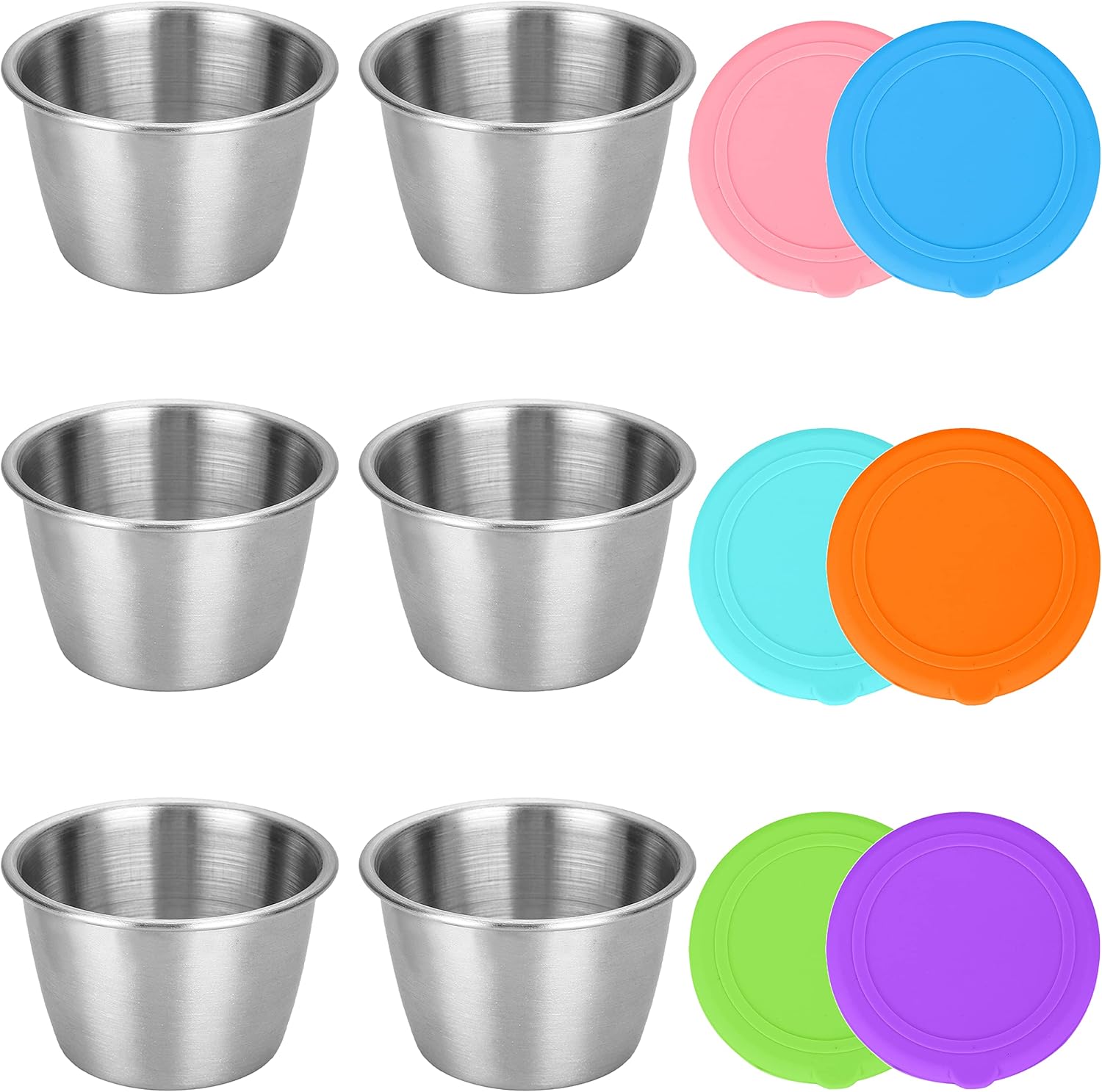 Opakowanie 6 małych pojemników na przyprawy o pojemności 2,4 uncji z pokrywkami, wykonanych ze stali nierdzewnej i szczelnych silikonowych pokrywek.