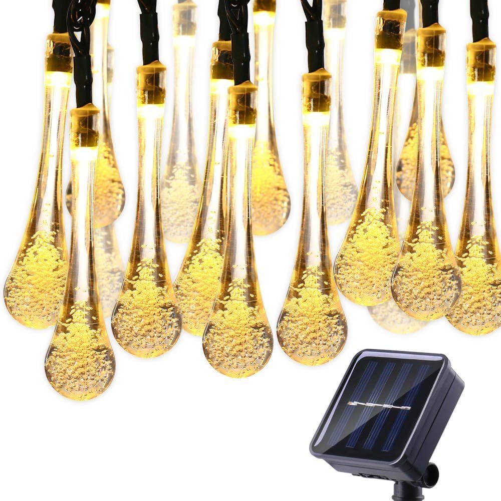 Zewnętrzna solarna girlanda świetlna, 6 m, 30 LED, wodoodporna, w kształcie kropli wody, dekoracyjne oświetlenie nastrojowe (biały ciepły)