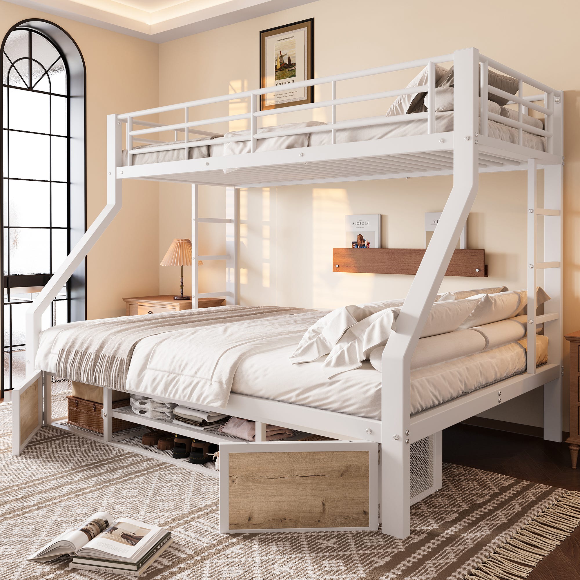 KOMHTOM Letto A Castello Triplo In Metallo Con Cassetti E Design Modulabile - Letto Matrimoniale 140x200 + Due Singoli 90x200 (Bianco, Materasso Non Incluso)