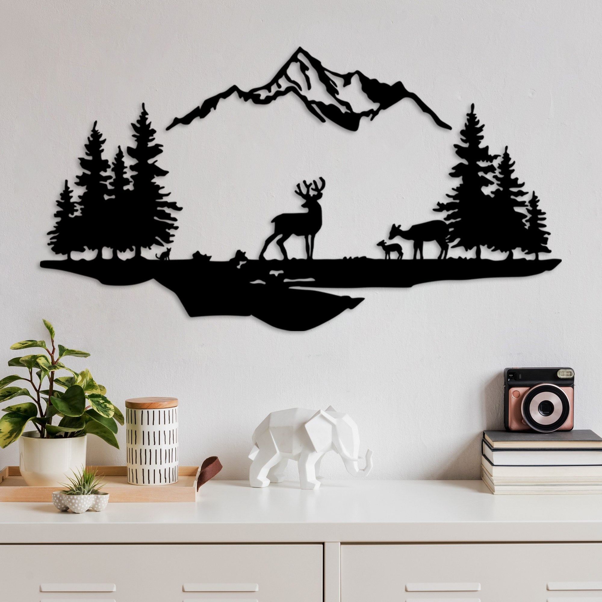 Accesoriu decorativ DEER AND LANDSCAPE - 1, negru, metal, 70x38 cm