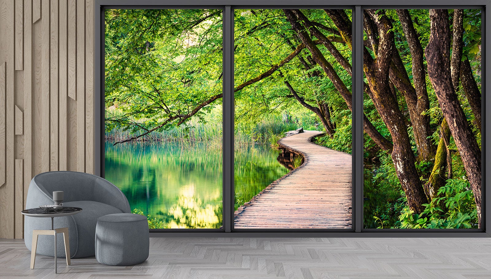 Papier peint panoramique intissé décoratif Trompe l'oeil baie vitrée - Ponton forêt - L260 cm x H156 cm - 4