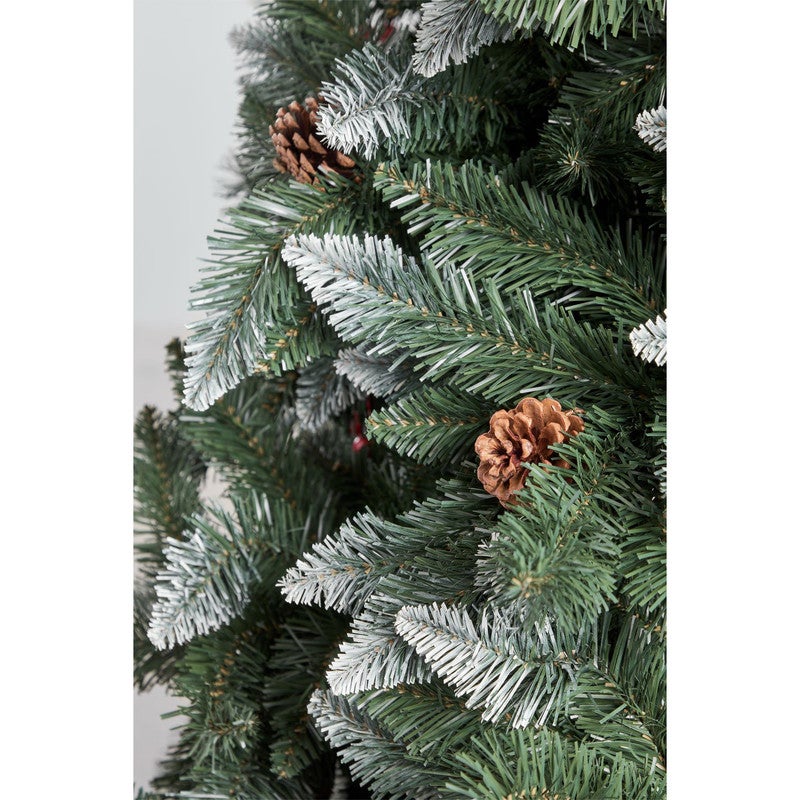 KingnetStore - Árbol de Navidad con Puntas Blancas, Piñas y Bayas Rojas, Ideal para Decoración Festiva, +2 Gorros (180 CM - 700 Ramas, Base Metálico) - 4