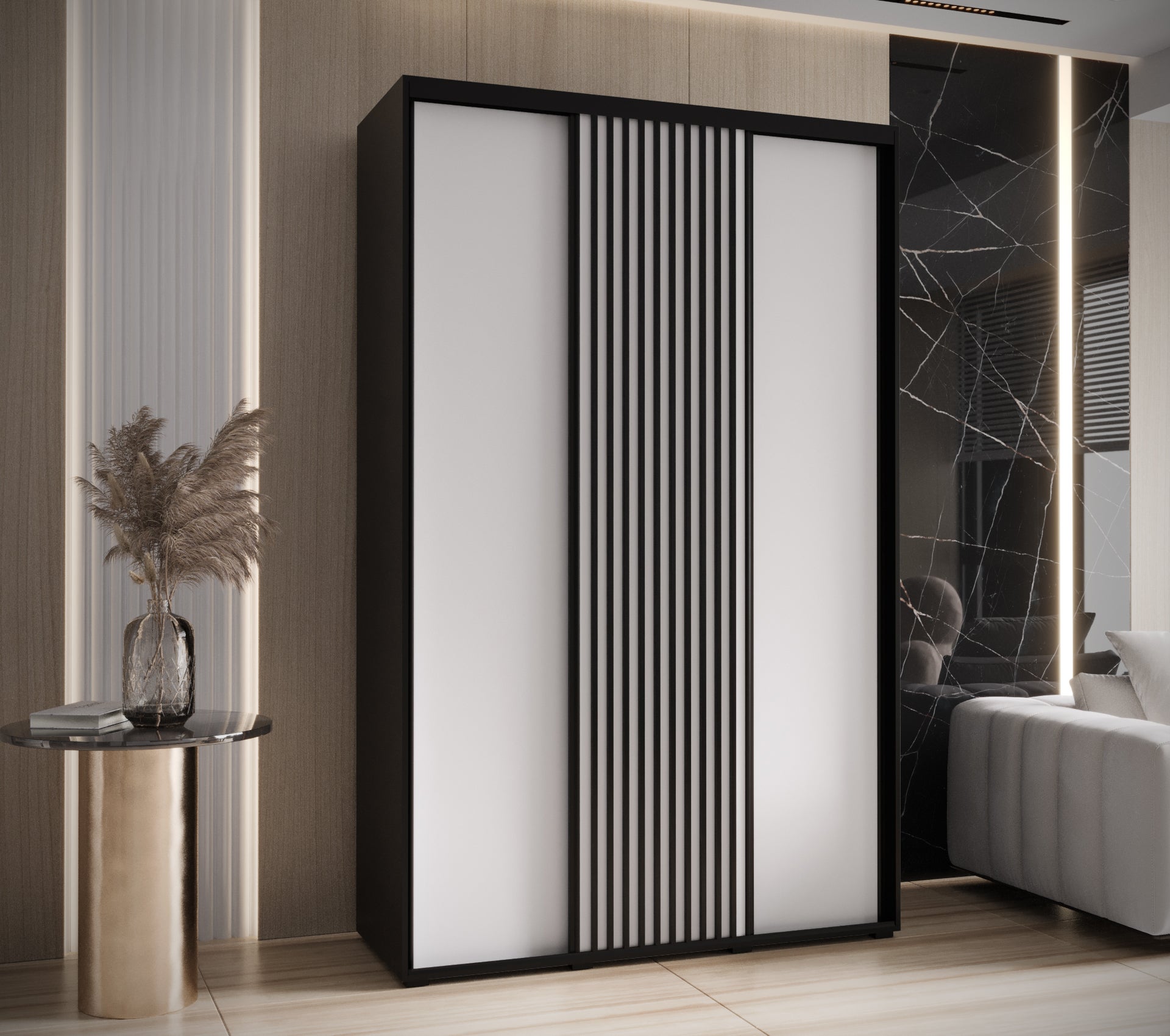 Szafa przesuwna wysoka Lanko 1 150 x 60 x 235,2 cm czarny + biały + lamele czarny - Abiks Meble - 2